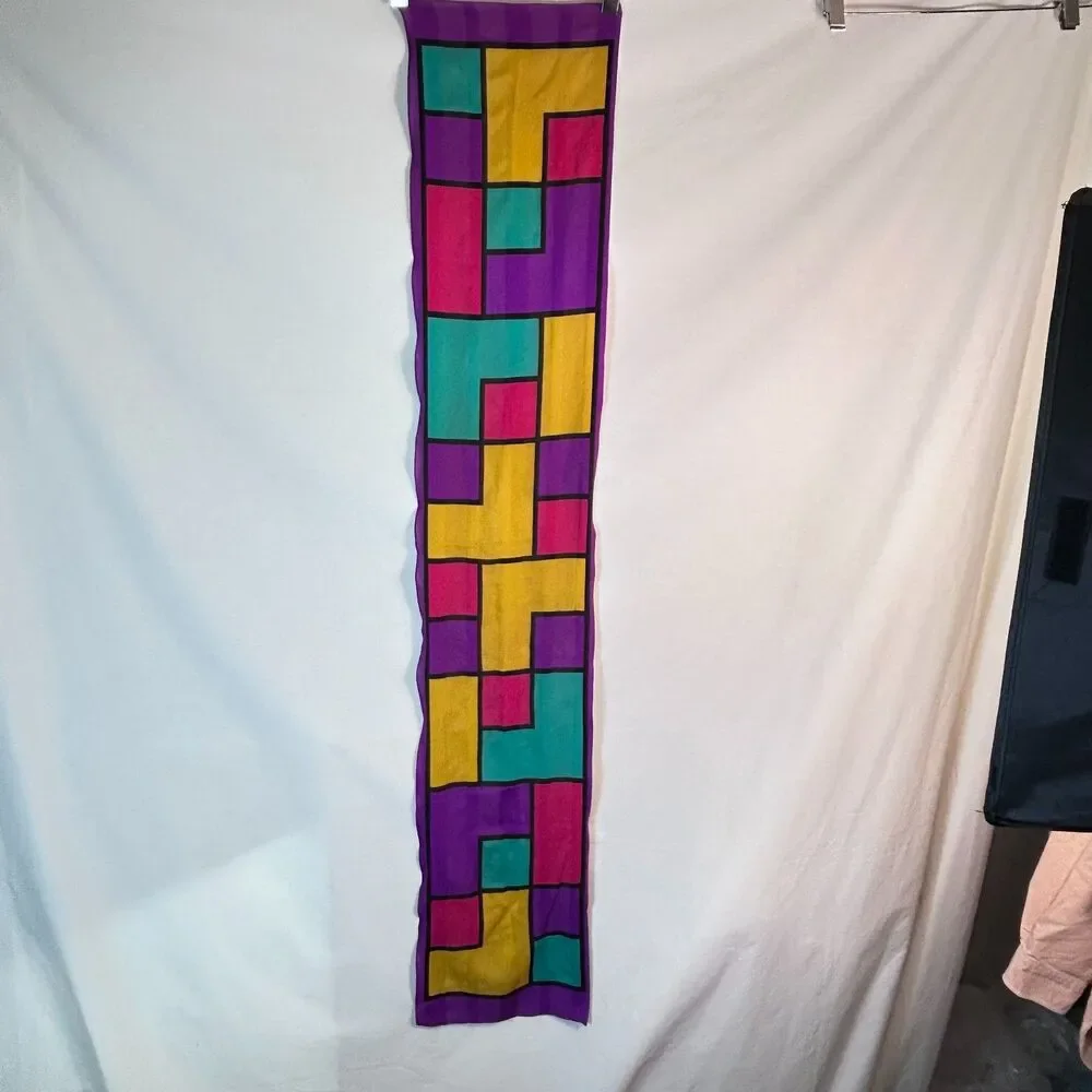 Vintage 80s Purple Multicolor Stained Glass Colorblock Rectangular Silk Scarf